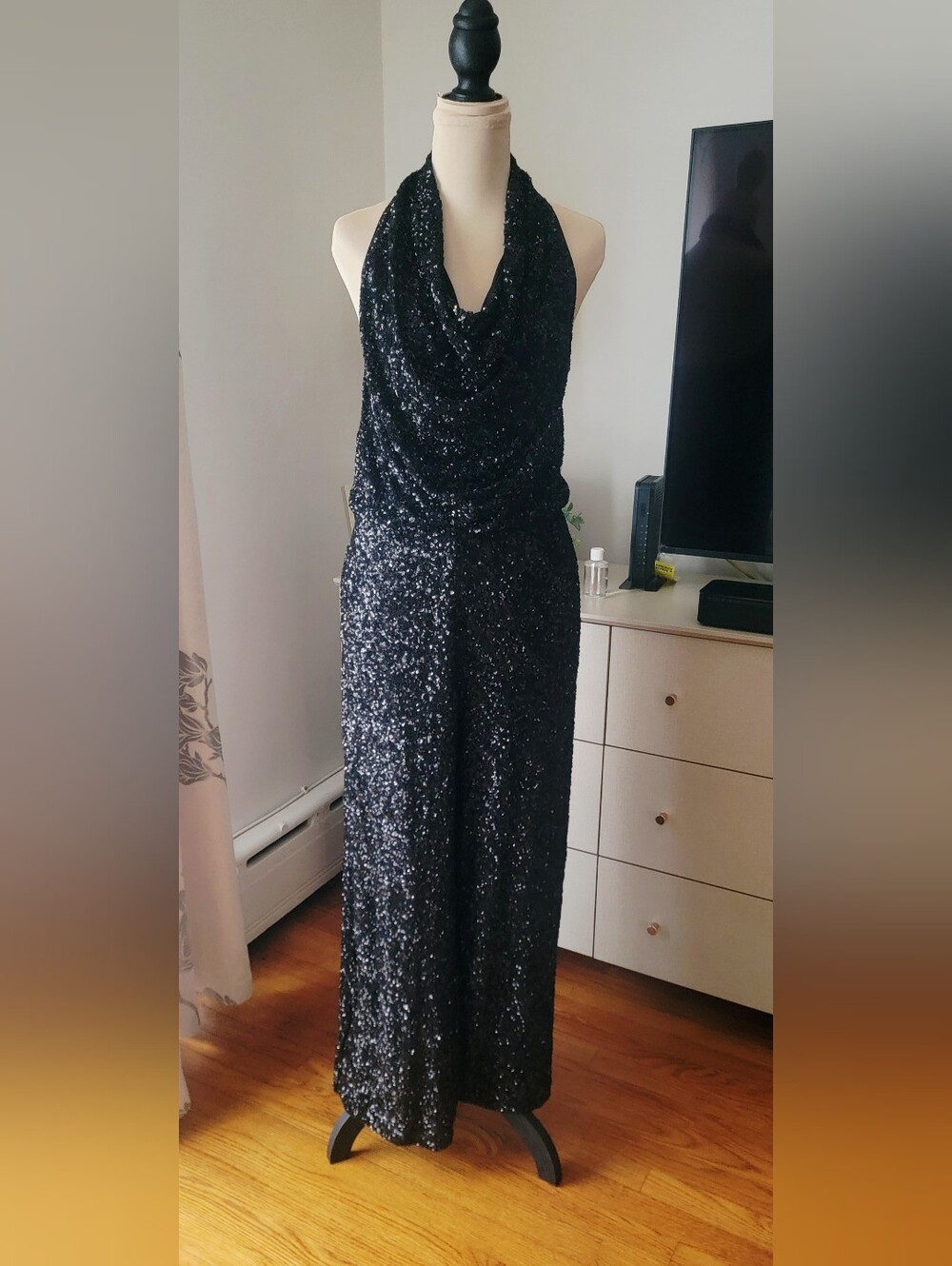 EXPRESS Black Sequin Cowl Neck Halter Wide Leg Jumpsuit - Size M